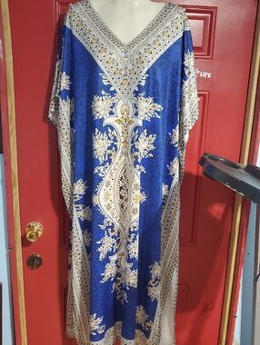 Blue and White Floral Kaftan Dress - EMBELLISHMENTS APPLIED BY ME. NO 2 R ALIKE.
